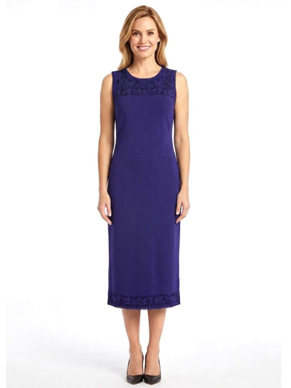 St. John Embroidered Yoke Knit Sheath Dress, Indigo Purple, Womens Size 12 NWT